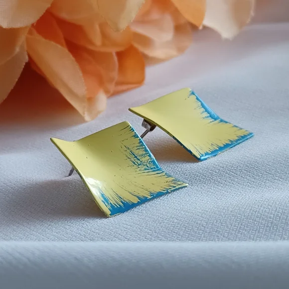 Yellow/Blue Geometric Earrings - Picture 2 of 9